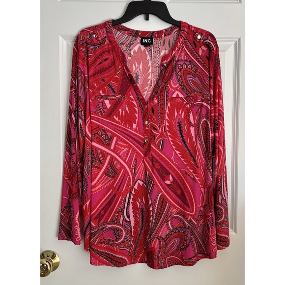 INC International Concepts Tops Paisley Long Sleeve Slit Neck Buttons Pullover - Picture 2 of 7